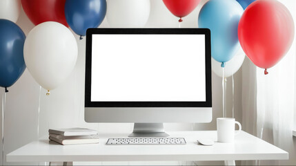 Mockup of the computer screen. On the table there is a computer monitor with a white screen, a keyboard, a mouse, books, a cup