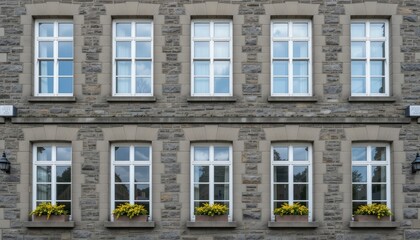 Fototapeta premium Stone Building Facade With Rows of White Framed Windows