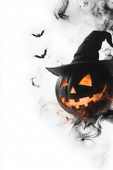 Spooky halloween pumpkin jack o lantern with glowing face wearing witch hat surrounded by black smoke and flying bats on white background, creepy festive design.