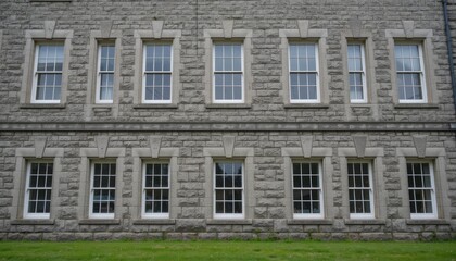 Obraz premium Stone building facade with two rows of white framed windows and grass
