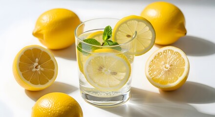 Close-up flat lay of a glass of lemon water with lemon slices and mint, surrounded by whole lemons and lemon halves, against a bright white background, conveying a