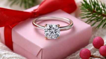 Sparkling diamond engagement ring resting on pink gift box for christmas proposal