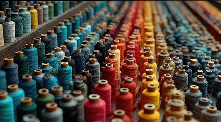Colorful spools of thread arranged in rows