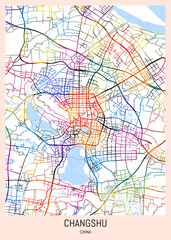 Changshu China City Map. downtown printable Landmarks print painting, travel art banner modern city, urban city art, background abstract