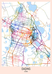 Daqing China City Map. downtown printable Landmarks print painting, travel art banner modern city, urban city art, background abstract