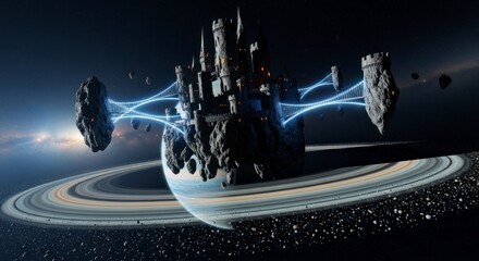 Futuristic Space Station Structure with Cosmic Dust Rings in Outer Space