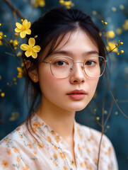 Portrait of Asian woman with glasses wearing floral dress and yellow flowers in hair against artistic background, natural beauty and elegance style