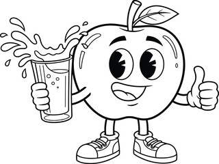 Cartoon apple character, thumbs up fruit, juice splash, healthy drink, smiling face, sneakers, leaf stem, fun mascot, vector, cute