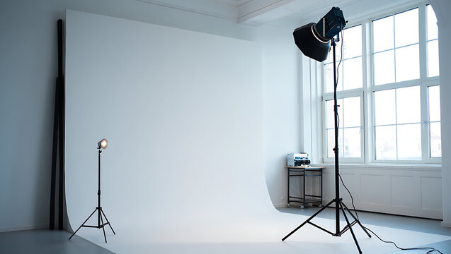 A bright professional photography studio setup with a seamless white backdrop and a large window providing natural light ideal for creative shoots