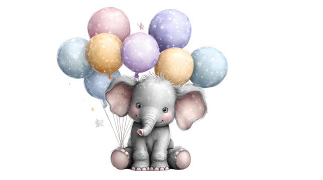 Baby Elephant with Balloons, isolated on transparent background