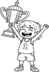 Cartoon child with trophy, victory celebration, number one shirt, smiling winner, sports achievement, joyful pose, vector art, fun, success, champion