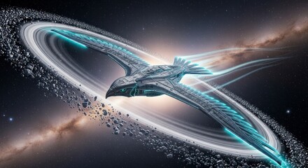 Futuristic Spacecraft Navigating Asteroid Field Surrounded By Glowing Rings Against Galaxy Background