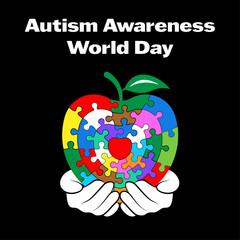 Autism World Day. Hands holding apple concentric jigsaw puzzle with red heart inside. Vector isolated on black background.	
