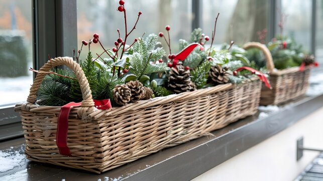 Christmas decoration with pine cones and red berries in wicker baskets on window sill
