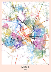 Mosul Iraq City Map. downtown printable Landmarks print painting, travel art banner modern city, urban city art, background abstract