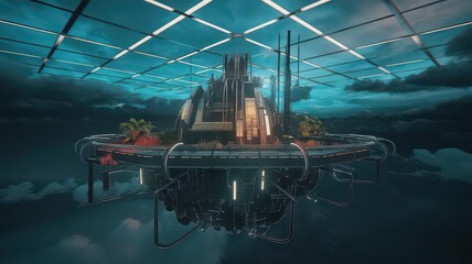 A complex, multitiered futuristic structure on a floating island, shrouded in atmospheric clouds and illuminated by artificial lights