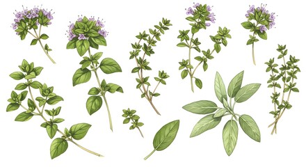 Botanical illustration of various culinary herbs including thyme oregano and sage