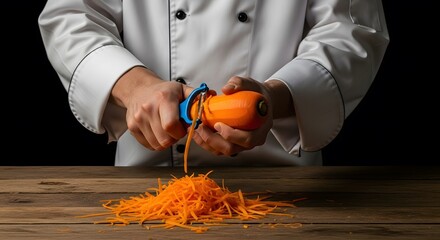 Close-up shot of a chef's hands skillfully peeling a carrot with a vegetable peeler, creating thin orange shreds on a dark wooden table against a black background,