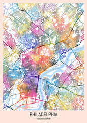 Philadelphia USA City Map. downtown printable Landmarks print painting, travel art banner modern city, urban city art, background abstract