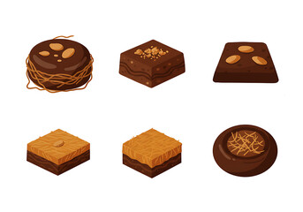 Assorted traditional Middle Eastern dessert sweets with nuts and chocolate, vector illustration