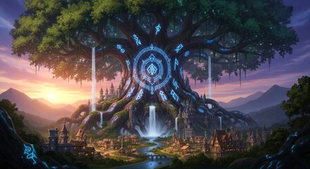 Giant Glowing Tree At Sunset With Flowing Waterfalls And City Below In Mountain Valley
