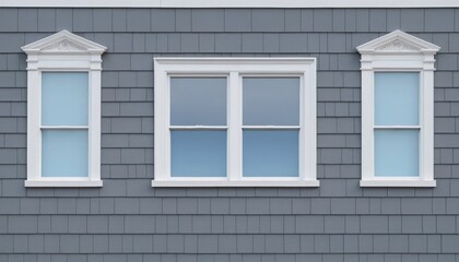 Three White Windows with Decorative Pediments on Gray Shingles