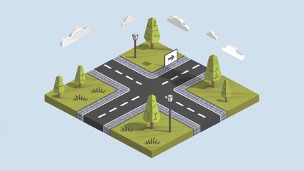 Isometric illustration of a city street intersection with landscaping.