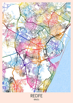 Recife Brazil City Map. downtown printable Landmarks print painting, travel art banner modern city, urban city art, background abstract