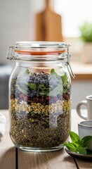 Glass Jar Displaying Various Herbal Ingredients on Wooden Surface with Mint Leaves