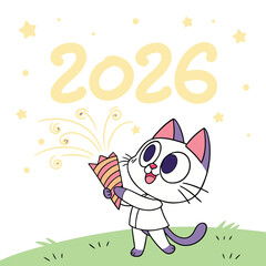 Cartoon cat holding tiny fireworks, 2026 letters floating above, cute festive vector illustration