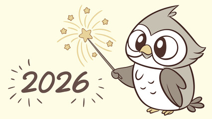 Adorable cartoon owl holding golden 2026 sparkler, kawaii festive vector illustration
