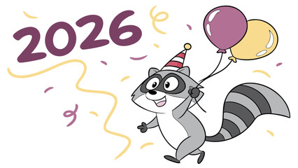 Cartoon raccoon celebrating with streamers, 2026 text floating above, festive vector illustration