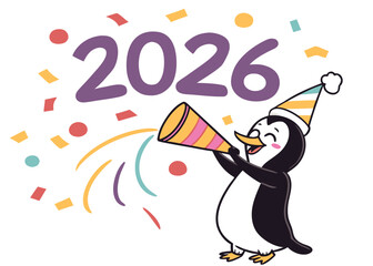 Cute Cartoon Penguin Popping Party Popper with 2026 Text and Colorful Confetti, Vector Illustration