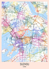 Suzhou China City Map. downtown printable Landmarks print painting, travel art banner modern city, urban city art, background abstract