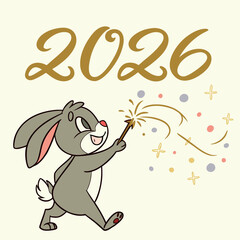 Cute Cartoon Bunny Dancing with Sparkler and Golden 2026 Letters, Vector Illustration