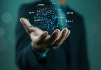 Businessman holding AI-powered translation and language technology icons with multiple global languages, symbolizing multilingual communication, machine learning, natural language processing (NLP).