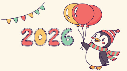 Adorable penguin mascot celebrating New Year 2026 with balloons