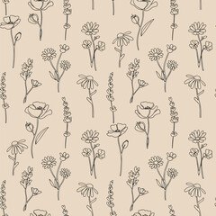 Seamless floral pattern with wildflowers and lavender illustrations in line art, seamless pattern, Stock royalty image.
