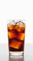 Glass of Fizzy Dark Brown Beverage With Ice Cubes Against White Background