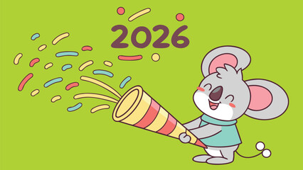 Cute Koala with Confetti Cannon Celebrating New Year 2026, Vector Illustration