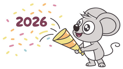 Smiling Koala Mascot Holding Party Confetti Cannon, 2026 Celebration Design