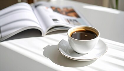 Coffee cup on saucer with open book on white table, and sunlight.