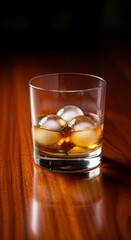 Glass Of Whiskey With Ice Spheres On A Wooden Surface In Dramatic Lighting