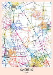 Yancheng China City Map. downtown printable Landmarks print painting, travel art banner modern city, urban city art, background abstract