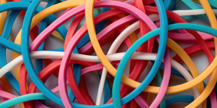  vibrant collection of colorful rubber bands intertwined in a chaotic yet visually striking arrangement.