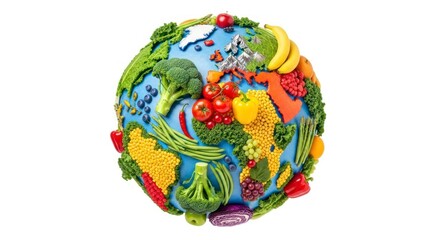 Globe Composed Of Fresh Fruits and Vegetables on White Background