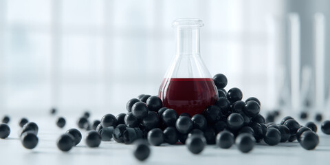  glass flask filled with red liquid sits atop a bed of black spheres, creating a visually striking scientific scene.