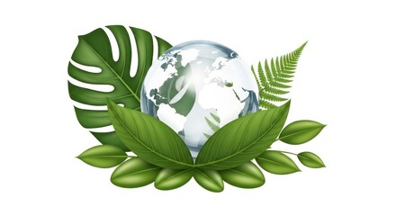 Globe Surrounded by Green Leaves Illustrating Environmental Conservation on a White Background
