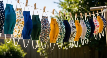 Assorted Fabric Face Masks Hanging on Clothesline Outdoors in Sunlight