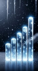 Glowing Columnar Chart with Snowflake Accents on a Snowy Blue Background